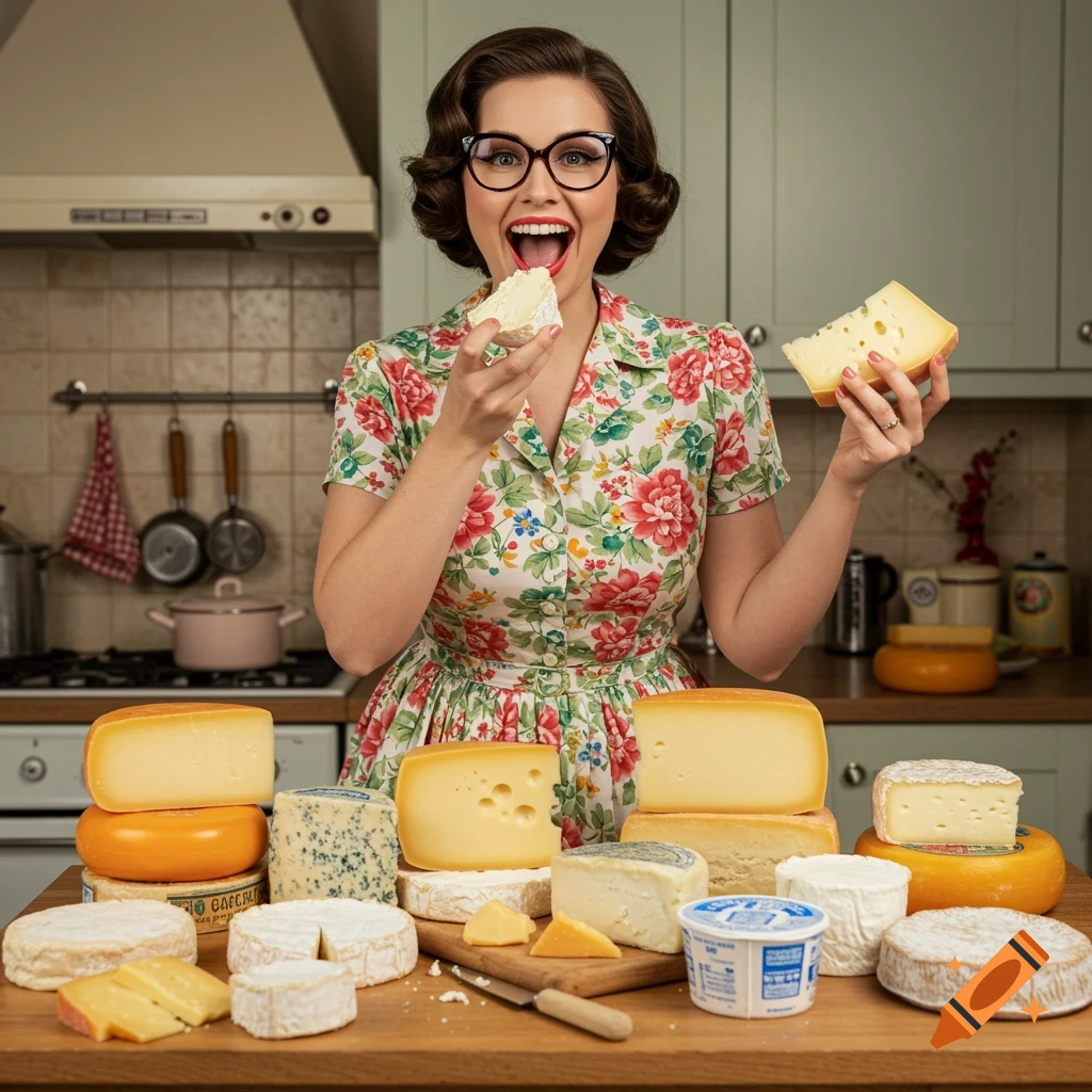 A joyful woman in a floral dress eats a piece of cheese in a kitchen, surrounded by a large variety of cheeses.