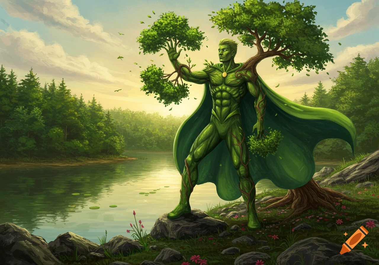 A muscular, green-skinned superhero with tree branches and leaves growing from his body stands by a serene river in a forest.