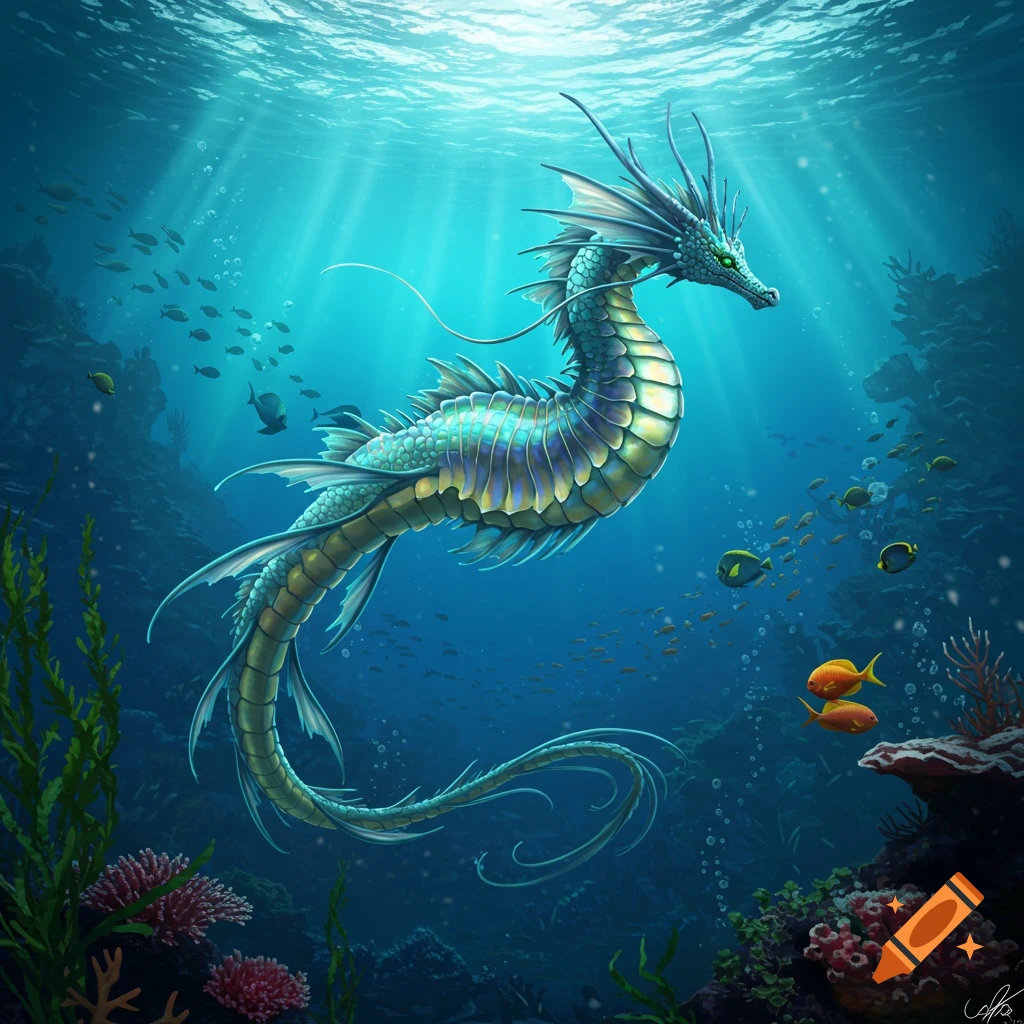 A vibrant illustration of a majestic sea dragon with green and gold scales swimming in a clear blue ocean, surrounded by fish and coral reefs.
