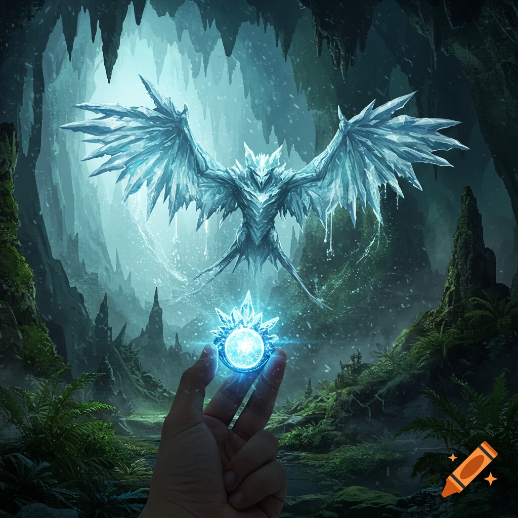 A hand holds a glowing blue crystal summoning a large winged ice creature in a detailed fantasy cave.