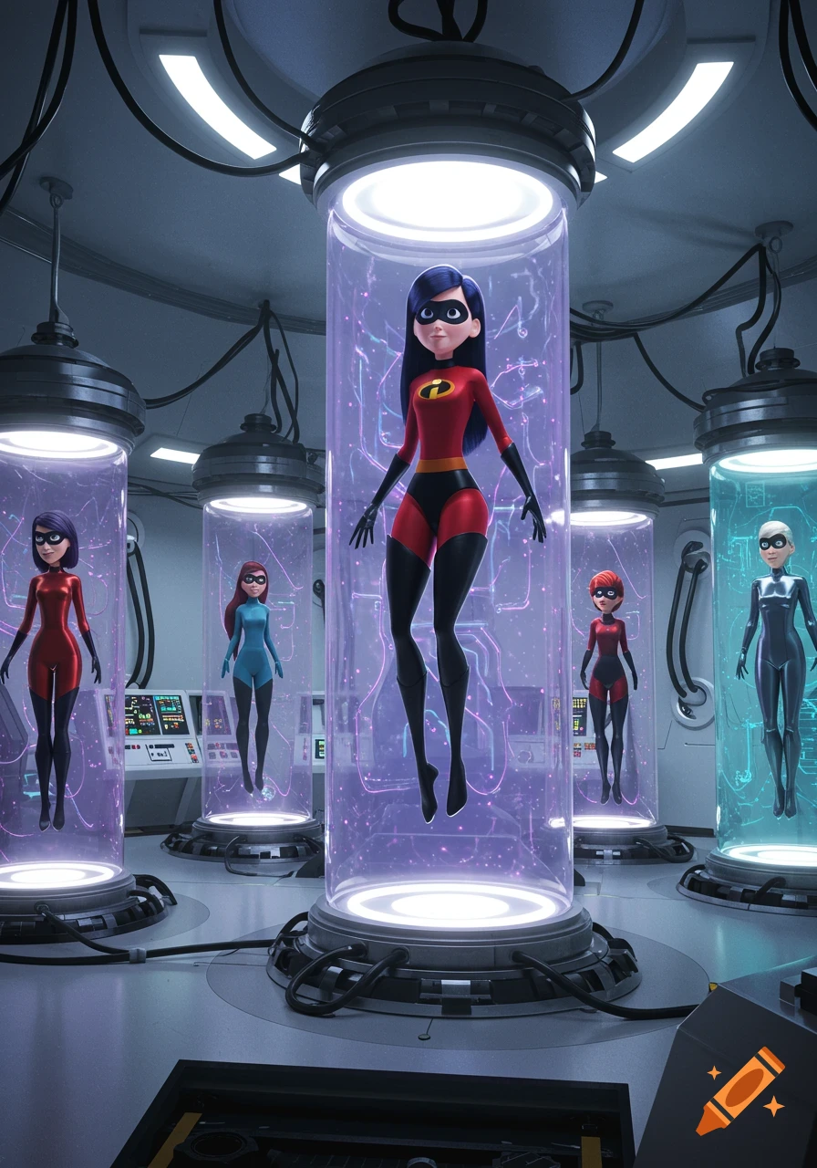 Violet from The Incredibles and other superheroines suspended in glowing stasis chambers in a futuristic laboratory.