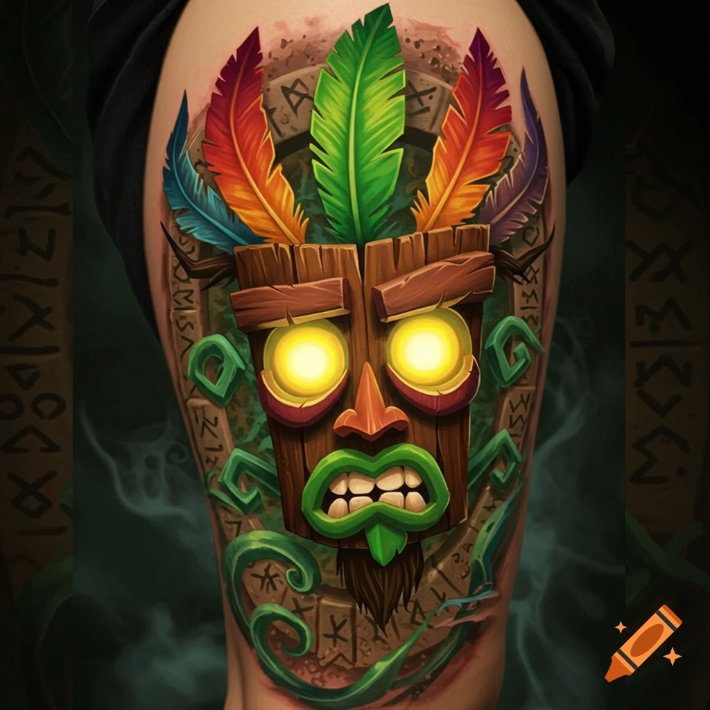 Vibrant, stylized Aku Aku mask tattoo with glowing yellow eyes, colorful feathers, and tribal runes on a person's leg.