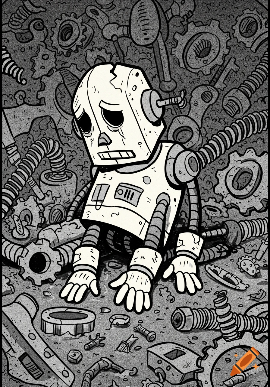 A sad, broken robot sits amidst scattered machine parts in a black and white cartoon illustration.