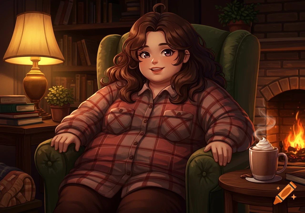 A cozy anime girl with brown hair and a plaid flannel shirt sits in a green armchair by a fireplace, holding a mug.