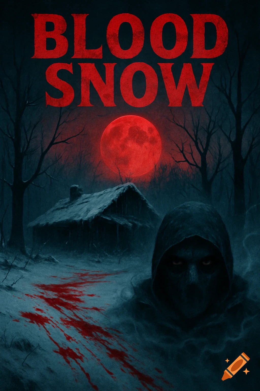 A horror movie poster with a hooded figure, a cabin, and blood on snow under a red moon, titled 'BLOOD SNOW'.