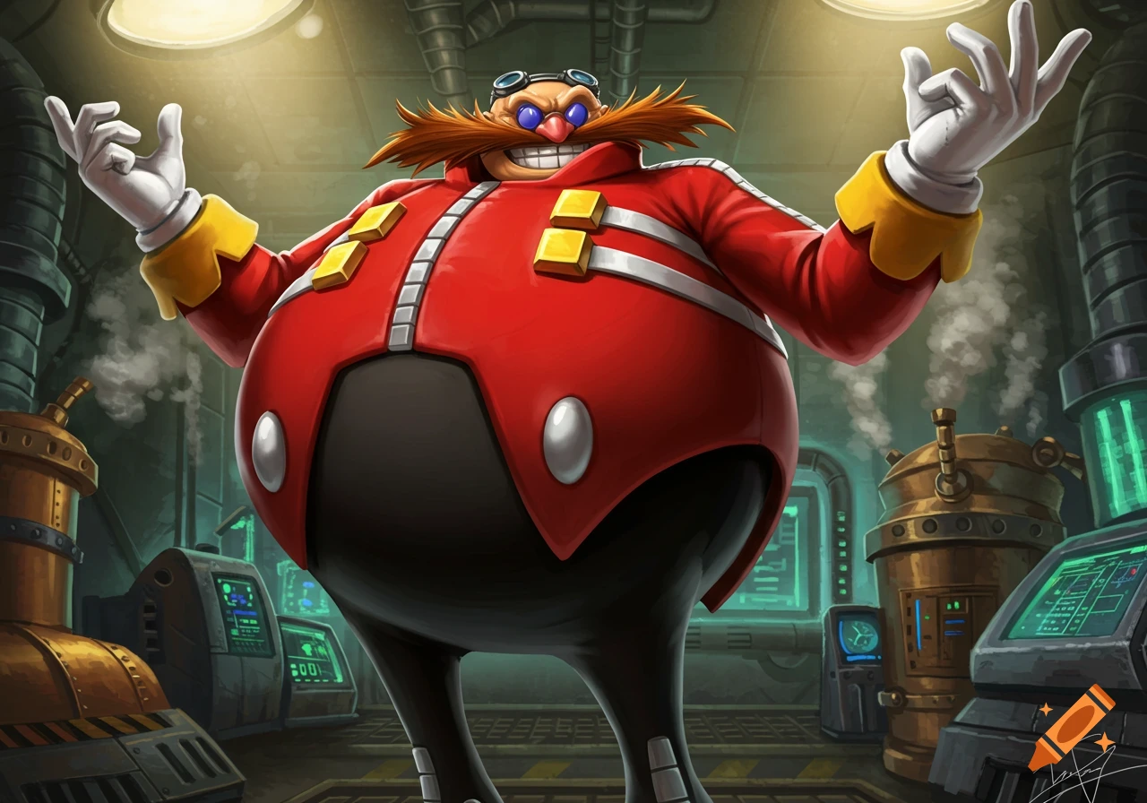 Dr. Eggman stands in a dimly lit industrial lab, arms raised, grinning broadly.