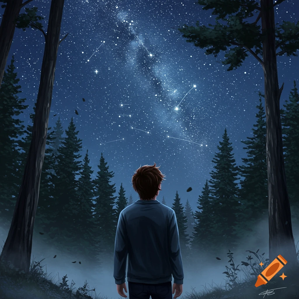 A young man stands in a dark forest, looking up at a vibrant starry night sky with constellations and a milky way visible. Illustrated style.