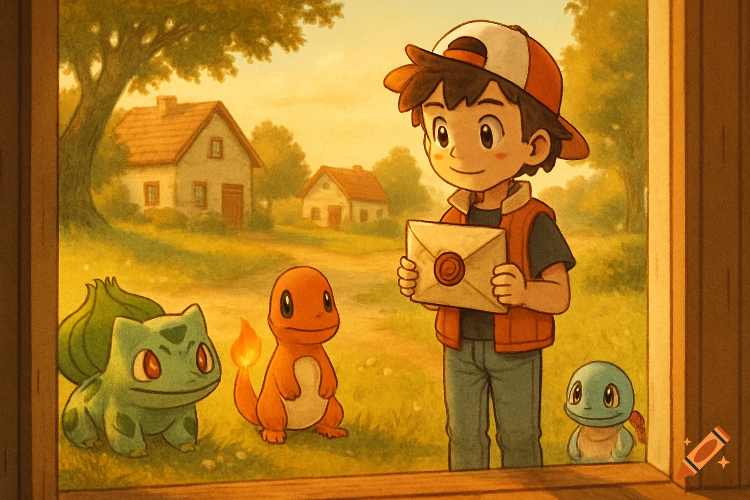 An anime boy holding a letter stands with Bulbasaur, Charmander, and Squirtle in a grassy field with houses.