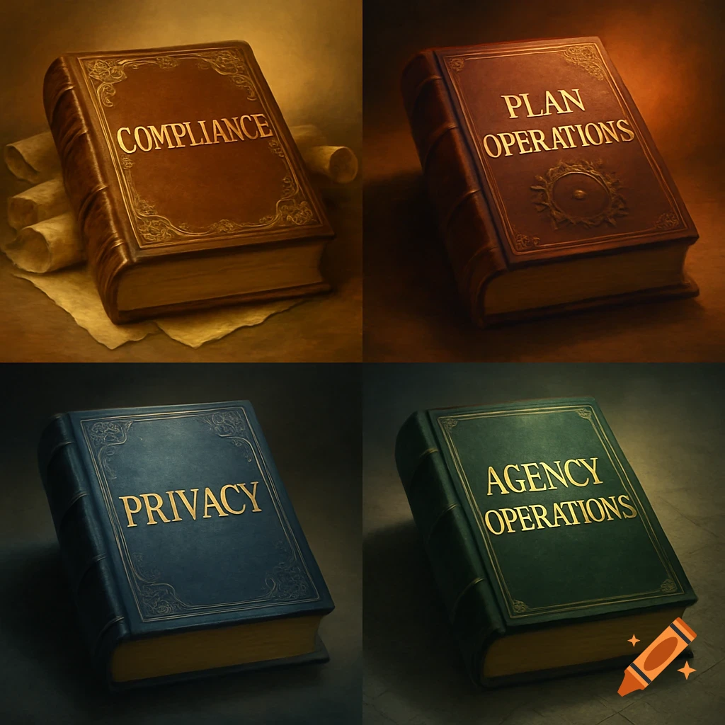Four antique-looking books with golden titles: 'Compliance', 'Plan Operations', 'Privacy', and 'Agency Operations'.