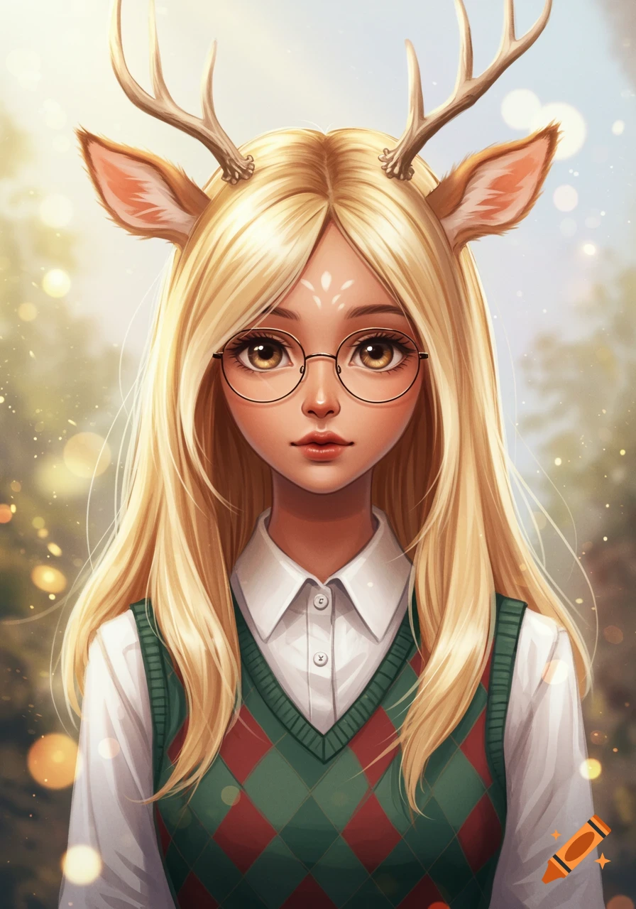 An anime girl with blonde hair, glasses, antlers, and deer ears, wearing a white shirt and a green and red argyle vest.