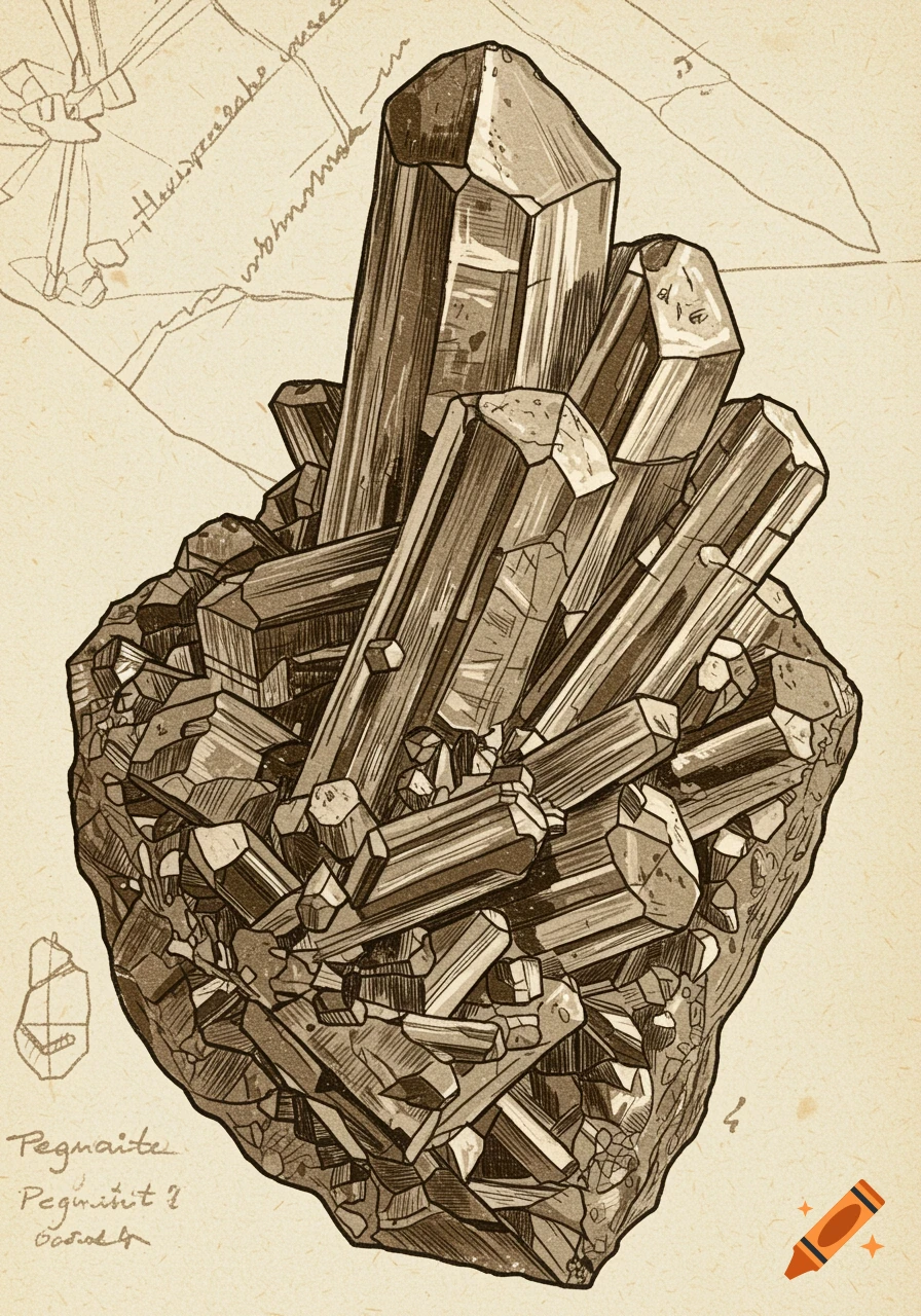 A detailed, vintage-style woodcut illustration of a geological pegmatite ore on aged paper with handwritten notes.