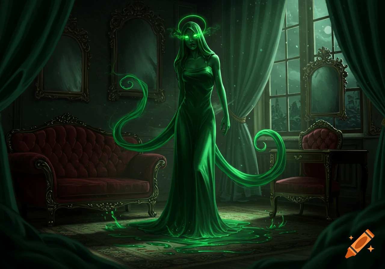A spectral woman in a green gown with glowing eyes stands in a dark, ornate room with green energy trails.