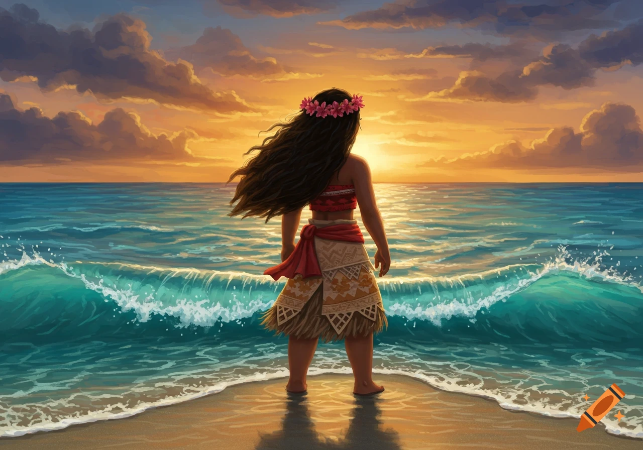 Moana-like character standing on a beach, gazing at the ocean waves during a vibrant sunset.