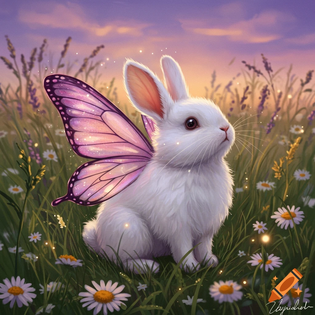 A fluffy white bunny with sparkling purple butterfly wings sits in a field of lavender and daisies under a soft, glowing sunset sky.