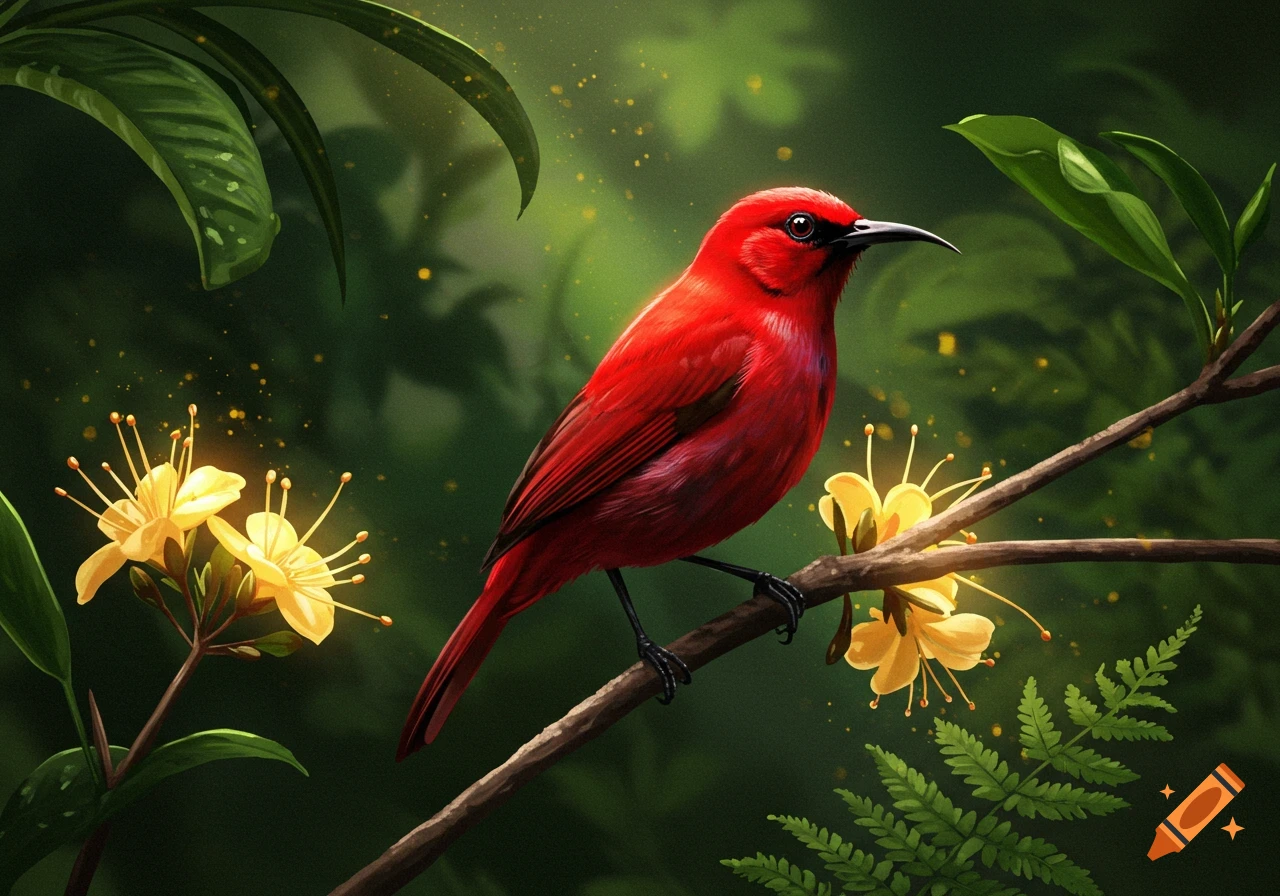 A vibrant red bird with a long, dark beak perches on a brown branch, surrounded by lush green leaves and glowing yellow flowers with long stamens, against a softly blurred, dark green background with glowing particles.