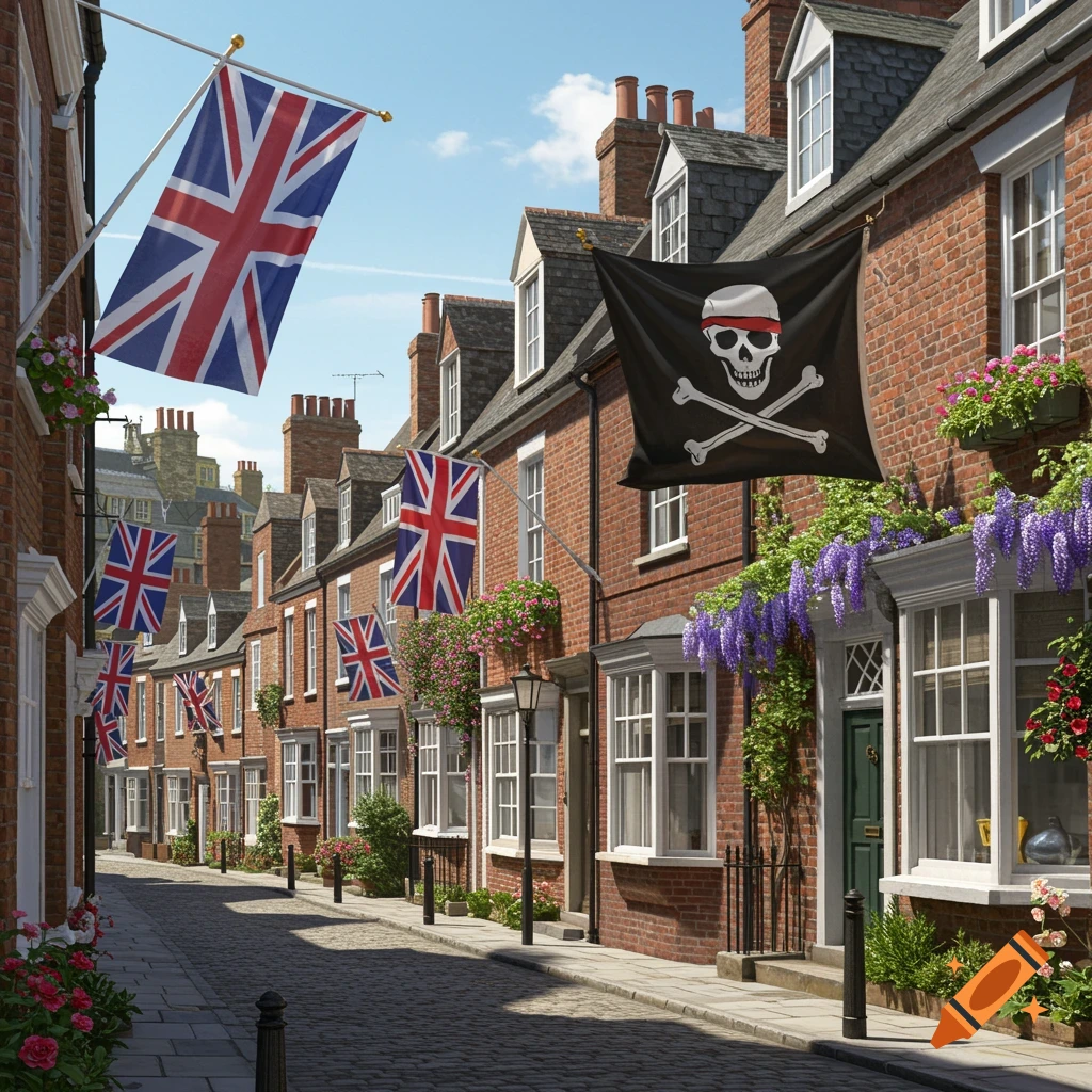 A charming photorealistic street scene lined with brick houses, many flying Union Jack flags, and one prominently displaying a black Jolly Roger flag.