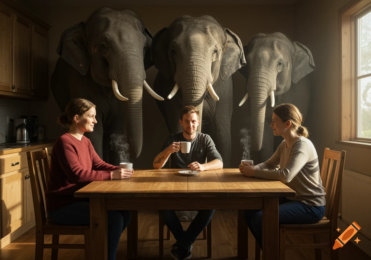 Three people sit at a wooden kitchen table, drinking coffee. Three large elephants appear to be standing directly behind them.