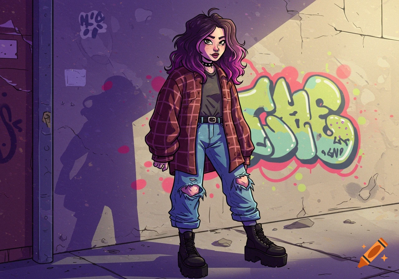A cartoon woman with purple hair, wearing a flannel shirt and ripped jeans, stands in front of a graffiti-covered wall.