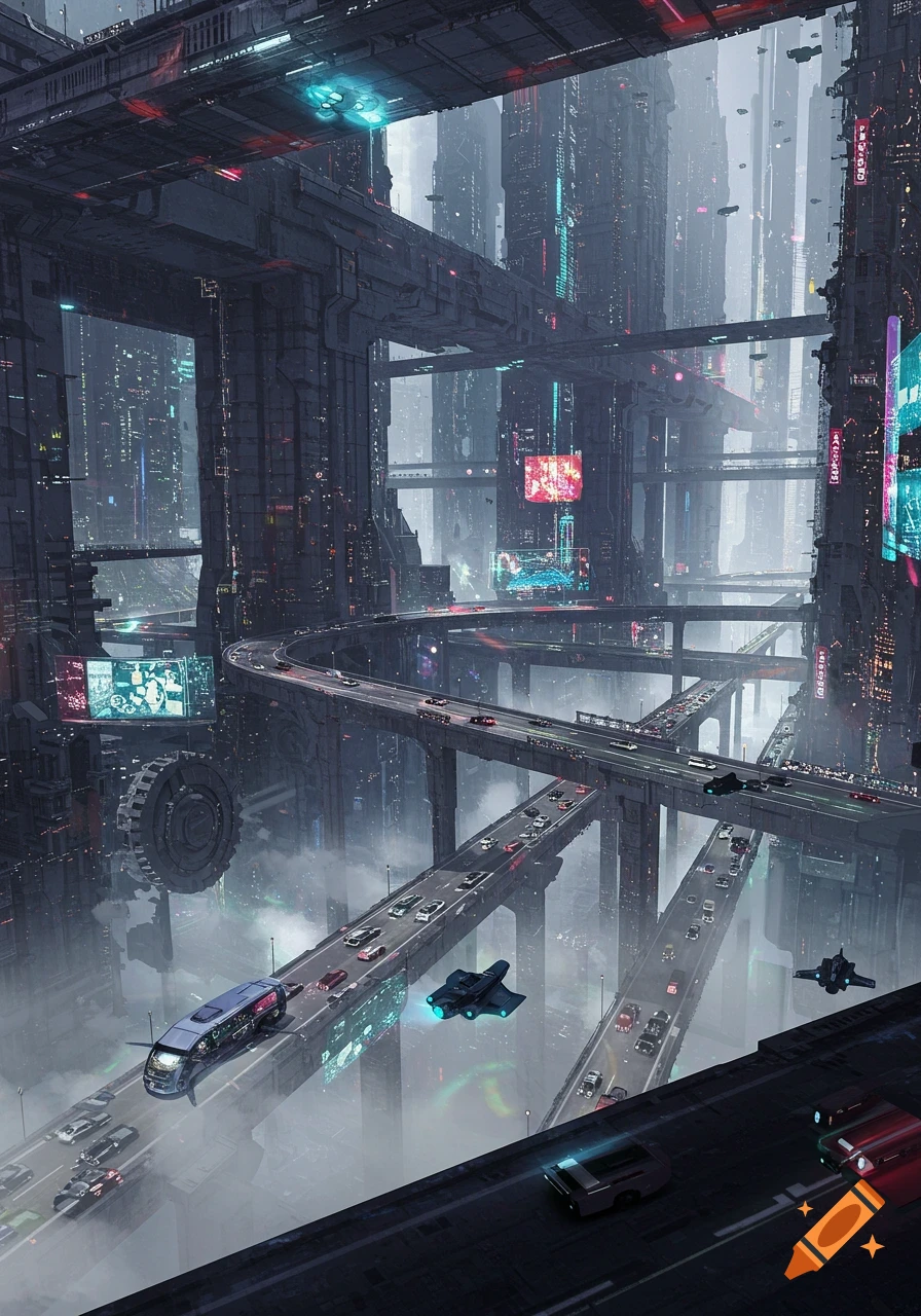 A sprawling futuristic cityscape with multi-layered highways, flying vehicles, and towering buildings bathed in neon lights and mist.