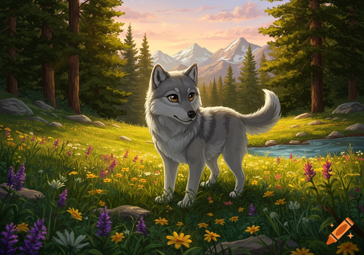 A cute gray cartoon-style wolf stands in a vibrant field of wildflowers with a forest and snowy mountains at sunset.