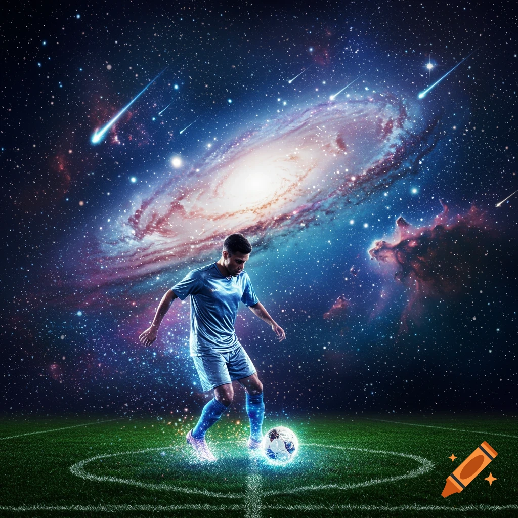 Photorealistic image of a male soccer player dribbling a glowing soccer ball on a green field under a vibrant galaxy.