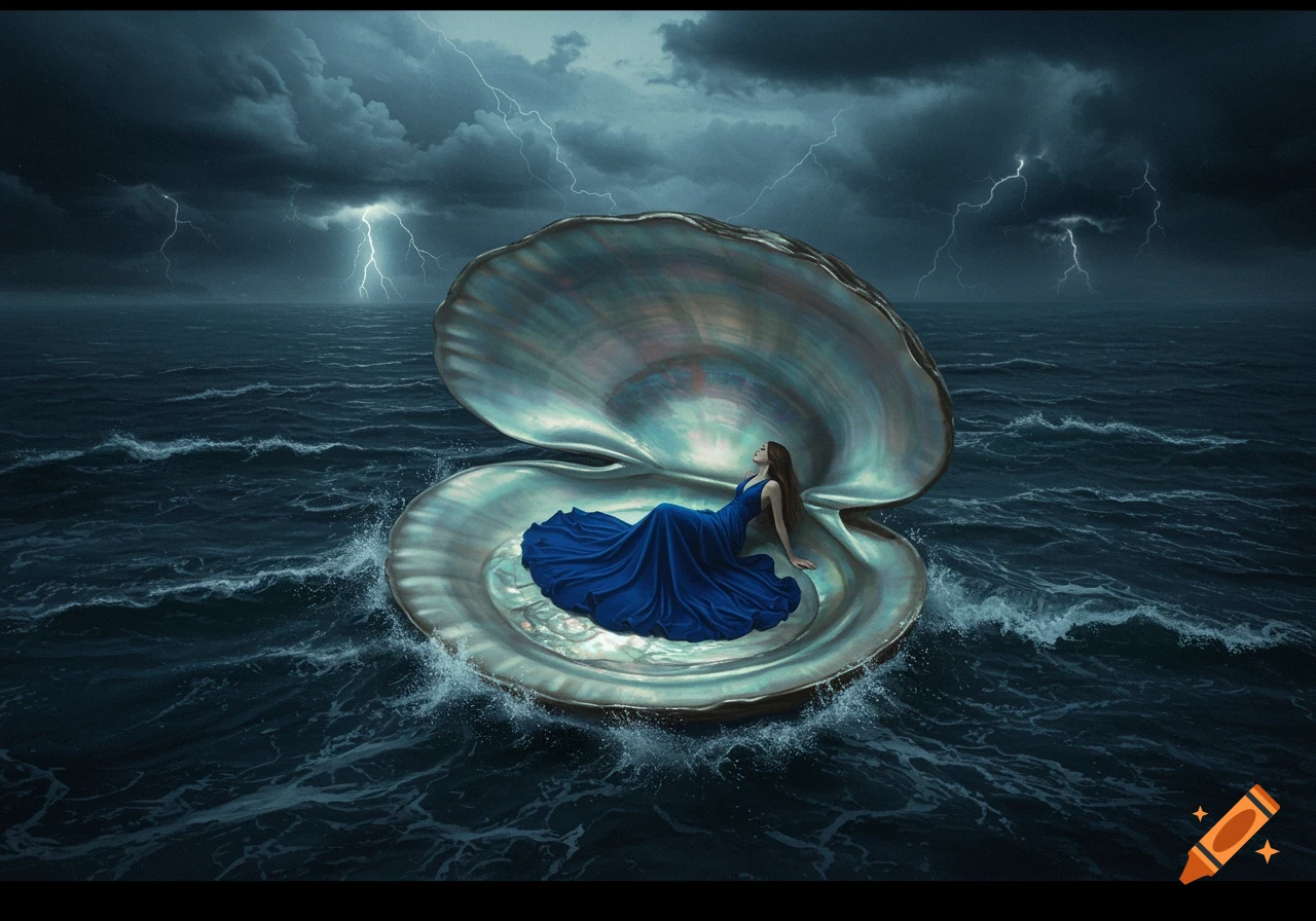 A woman in a blue dress reclines in a giant mother-of-pearl shell floating on a stormy dark sea with lightning.
