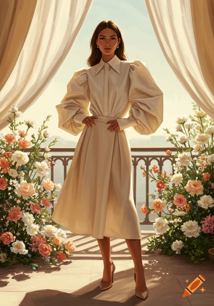 A woman in a voluminous cream shirt and calf-length skirt poses on a flower-filled balcony.