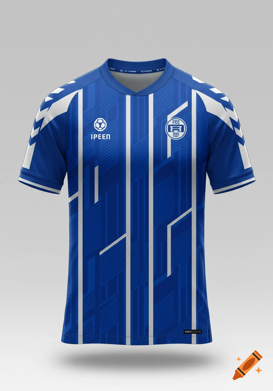 A modern blue and white soccer jersey with vertical and diagonal stripes, featuring a prominent logo and sponsor text.