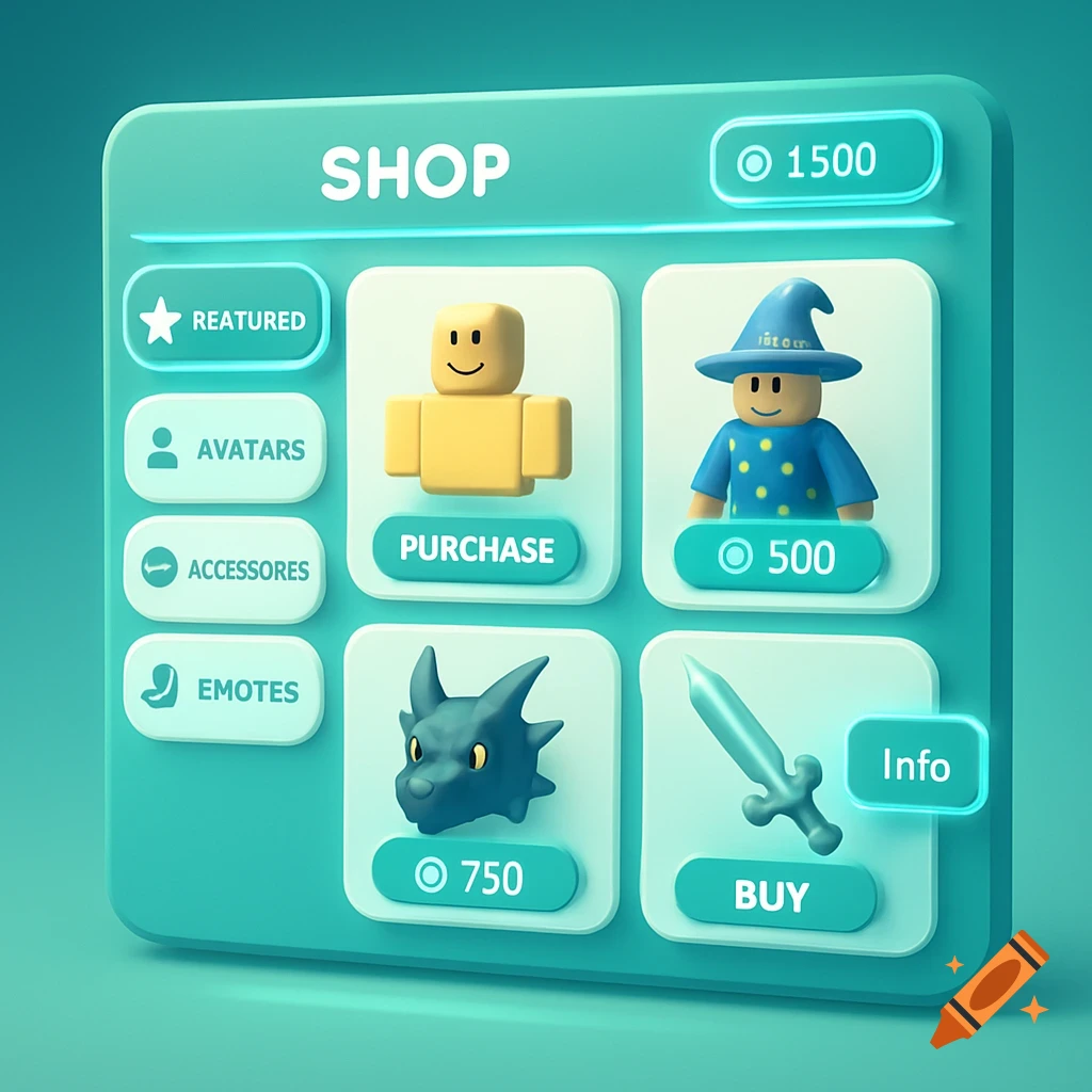A vibrant teal and white game shop user interface, similar to Roblox, displaying various items for sale like avatars, a dragon head, and a sword.