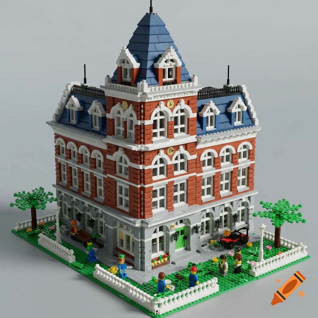A detailed LEGO-style modular building with a red brick facade, blue roof, and white trim, surrounded by a green baseplate with a fence, trees, and minifigures.