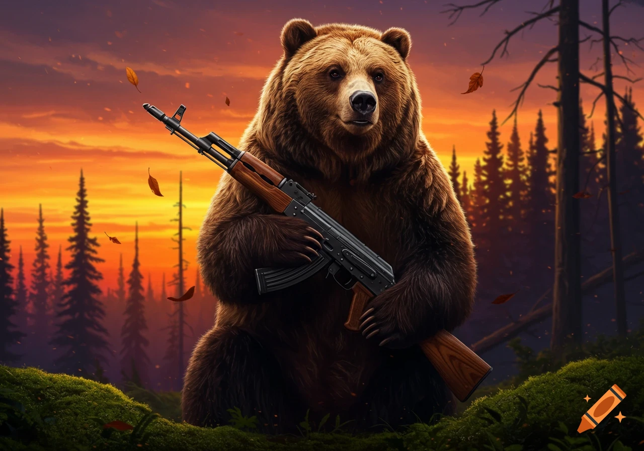 A detailed brown bear stands in a forest holding an AK-47 rifle against a vibrant orange and purple sunset sky with falling leaves.