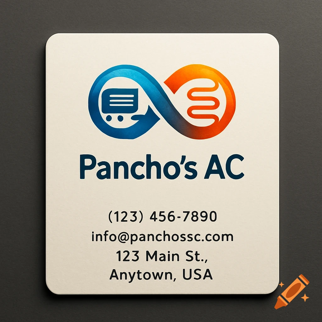 A white business card for Pancho's AC, featuring a blue and orange infinity loop logo with a shopping cart and a heating element, and contact information.