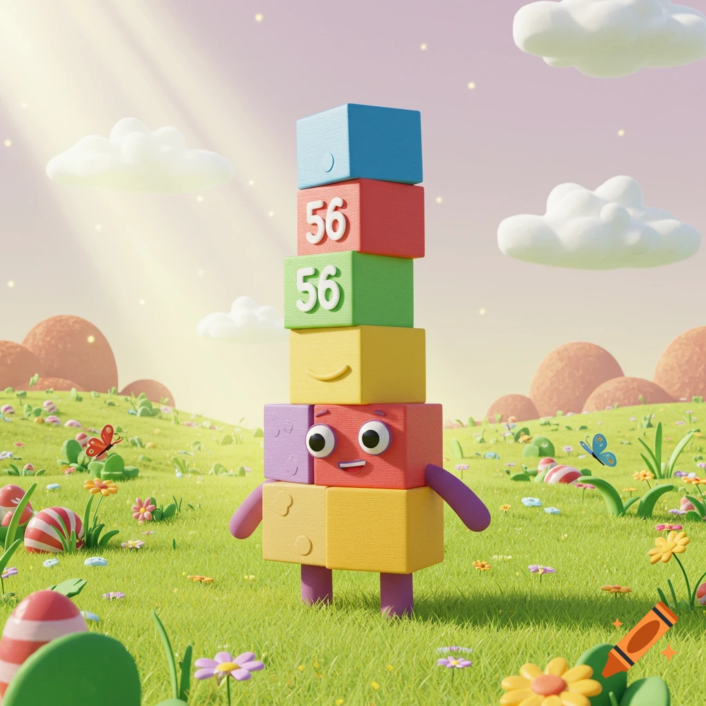 A colorful cartoon character made of stacked blocks with 56 on its chest, stands in a whimsical green field.