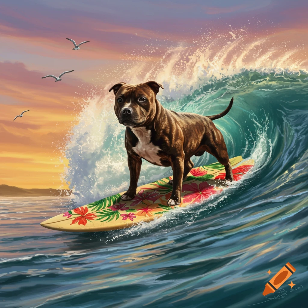 A brown and white Staffy dog stands on a floral surfboard, riding a large ocean wave at sunset with seagulls flying nearby, painted in an illustrative style.