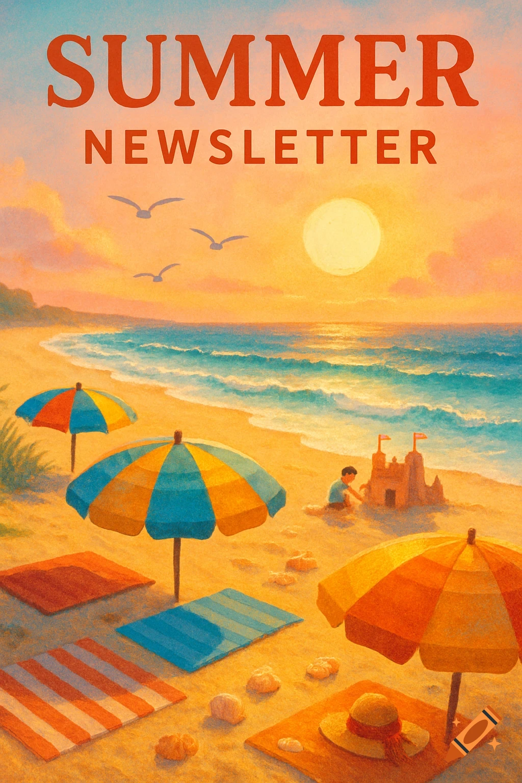 A painterly beach scene at sunset with umbrellas, a child building a sandcastle, and seagulls. Text says SUMMER NEWSLETTER.