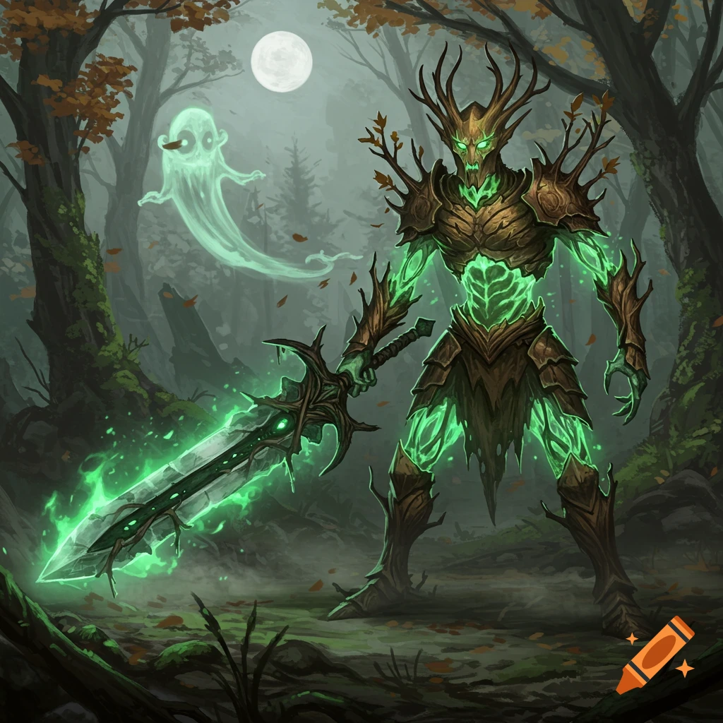 A glowing green skeletal warrior with antlers and bark armor holds a large glowing sword in a dark forest with a ghost and full moon.