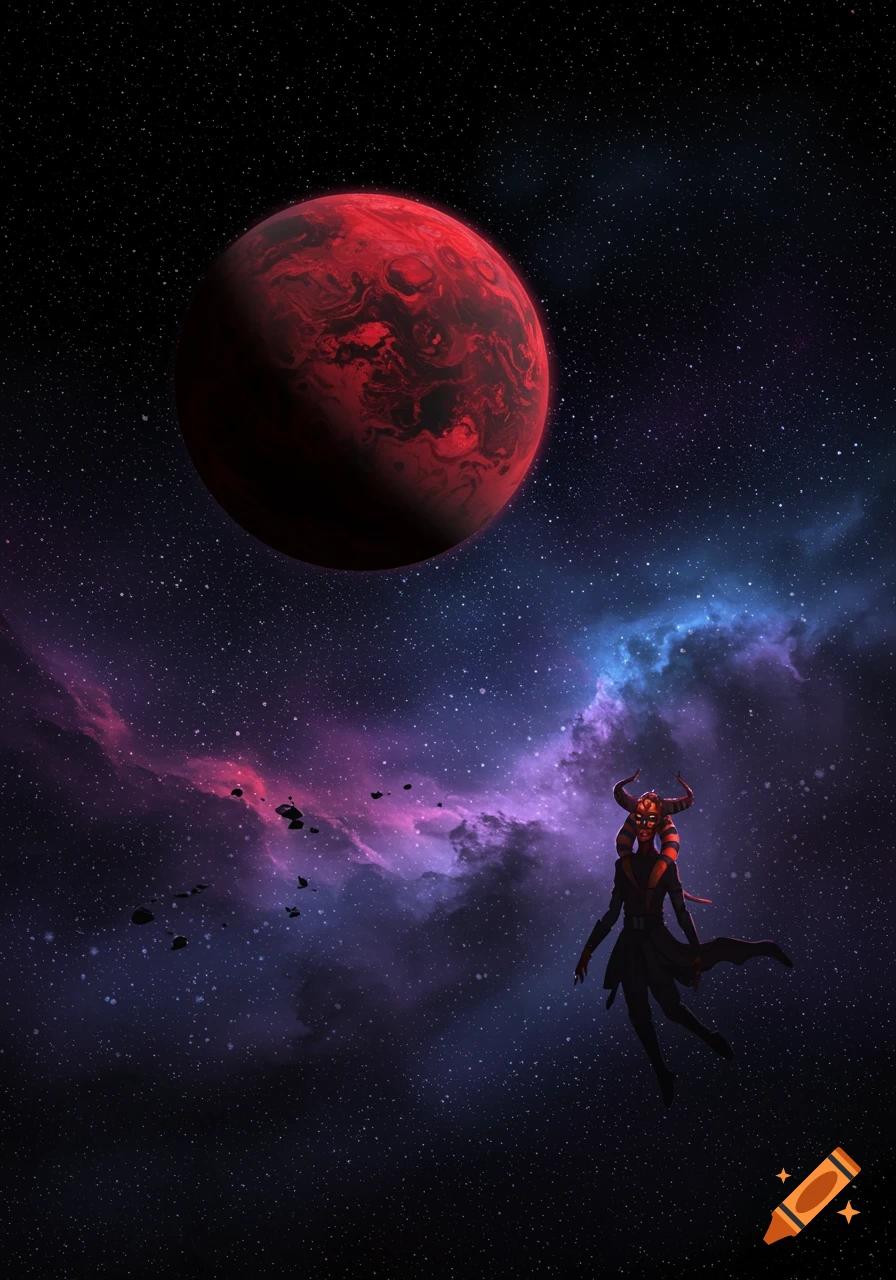 A red and black planet hangs above a Zabrak character floating in vibrant purple and blue space amidst stars.