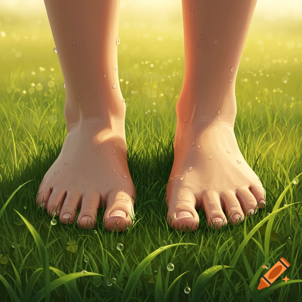 Bare feet standing in lush green grass with dew drops under warm sunlight.