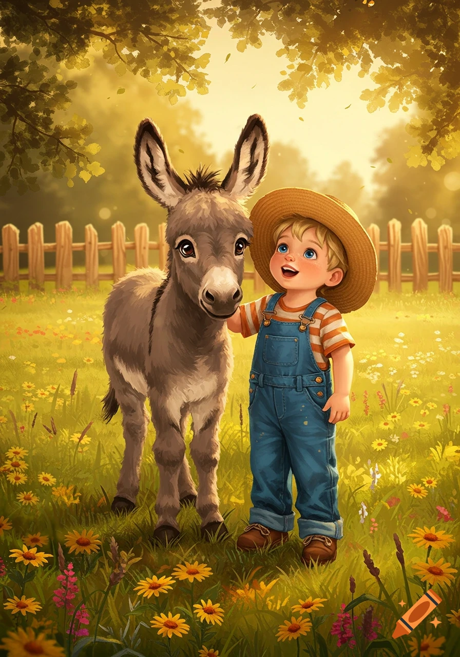 A happy little boy in overalls and a straw hat stands next to a cute donkey in a sunny, flower-filled field. Illustrated.