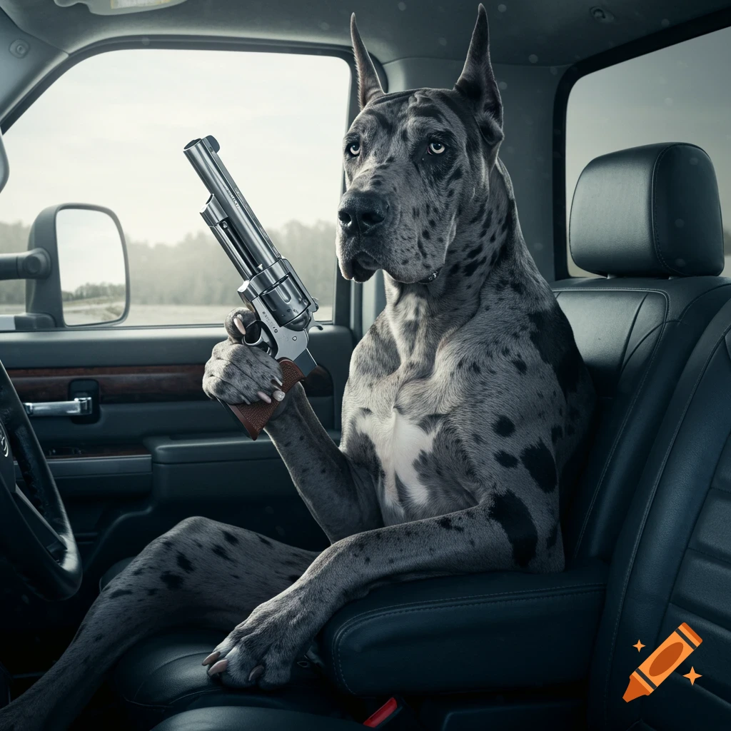 A photorealistic merle Great Dane sits in a truck's passenger seat, holding a large revolver.