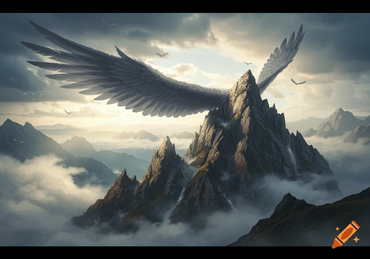 A large gray wing emerges from a jagged mountain peak, surrounded by clouds and other mountains under a dramatic sky.