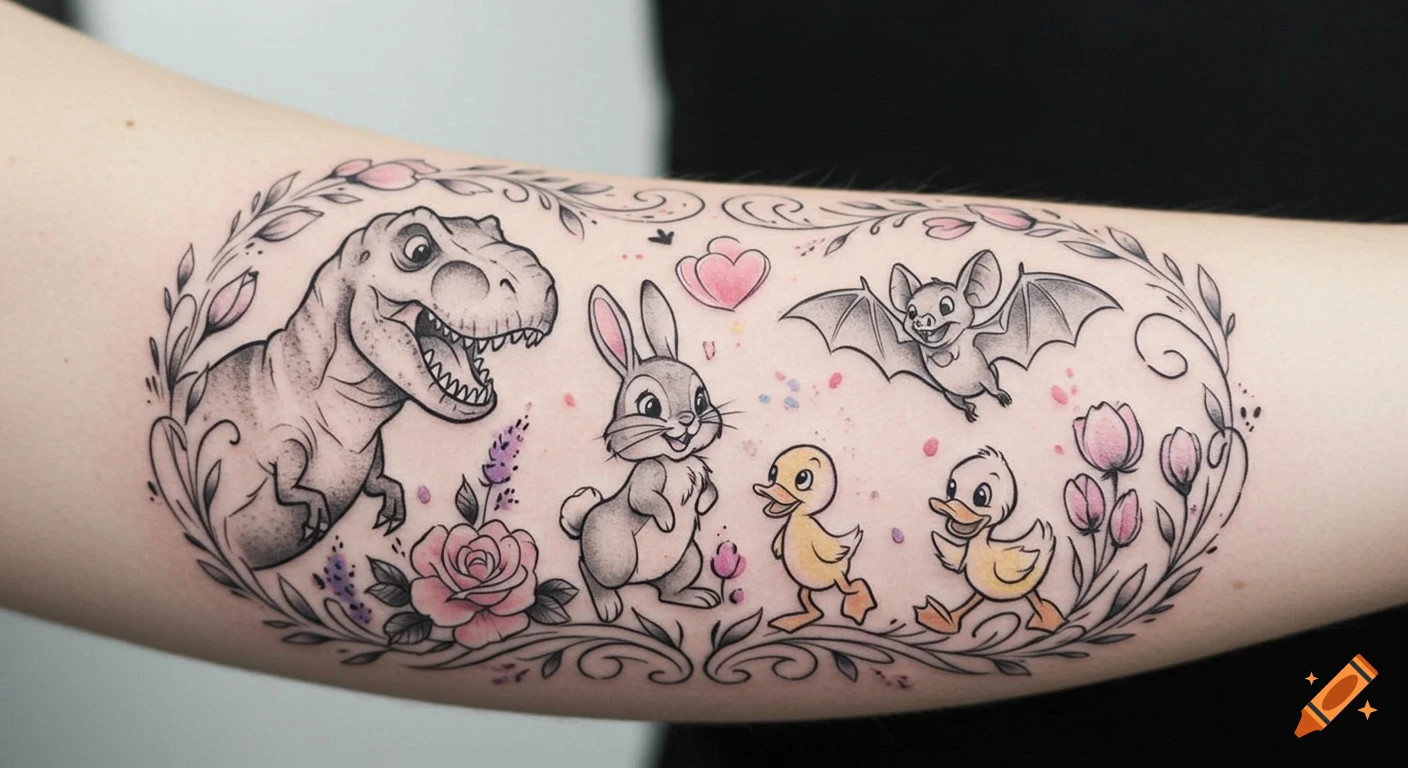 A colorful tattoo on an inner arm featuring a smiling T-Rex, a cute bunny, a playful bat, and two waddling ducklings surrounded by flowers and vines in a Disney-like style.