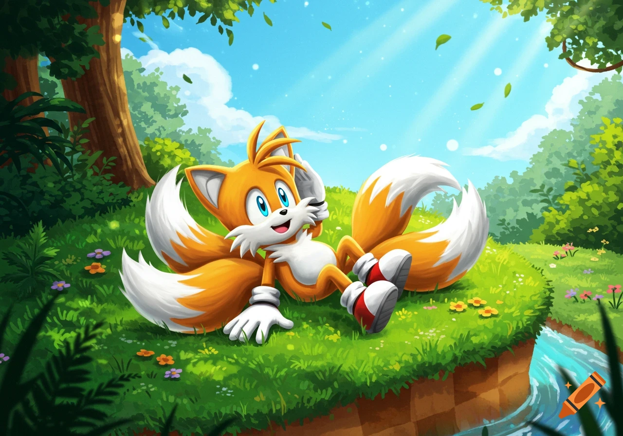 Tails the fox lies on his back on a grassy hill next to a stream in a vibrant, sunny forest.