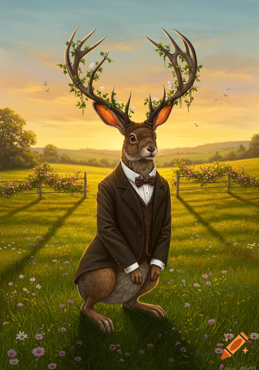 A whimsical jackalope in a brown suit and bowtie stands in a sunlit grassy field with flowering bushes, its antlers adorned with white flowers and vines.