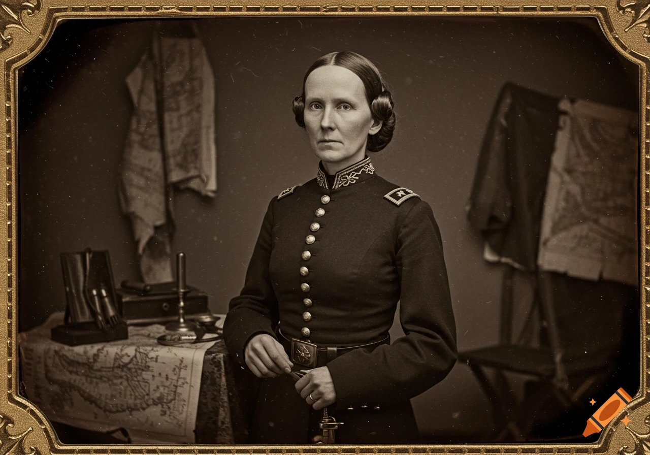 A sepia-toned daguerreotype portrait of a solemn woman in a Civil War-era military general's uniform.