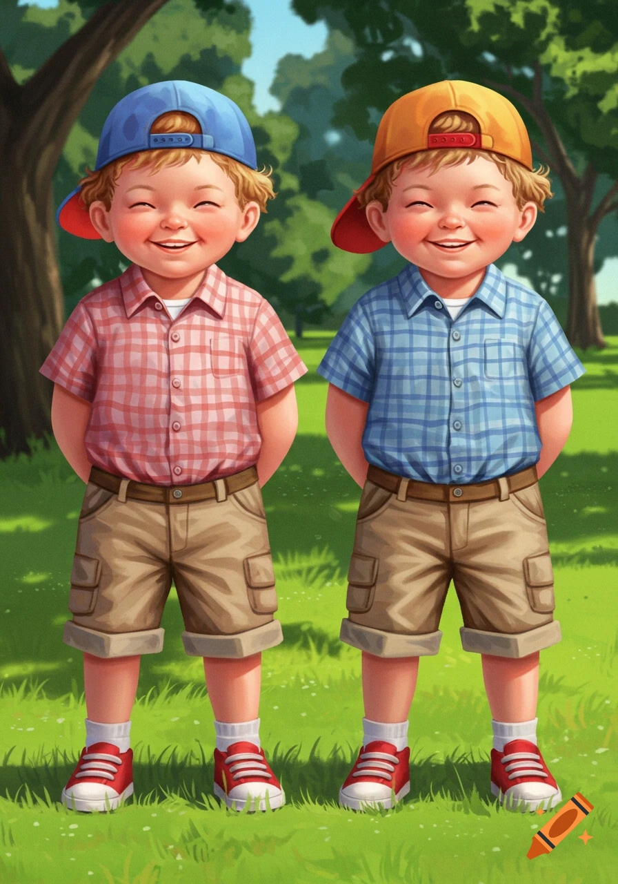 Two smiling cartoon boys, possibly twins, wearing plaid shirts, cargo shorts, and baseball caps stand in a sunny park.