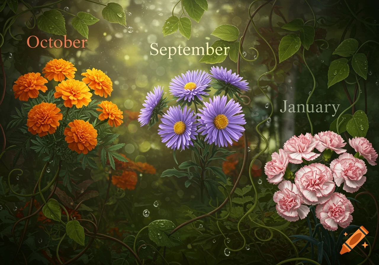 A vibrant image featuring bouquets of orange marigolds, purple asters, and pink carnations in a lush garden, with month names "October," "September," and "January" overlaid.