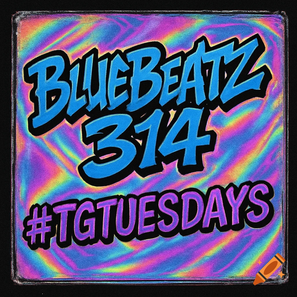 BlueBeatz314 and #TGTUESDAYS in blue and purple graffiti-style text on a vibrant, swirling holographic background.