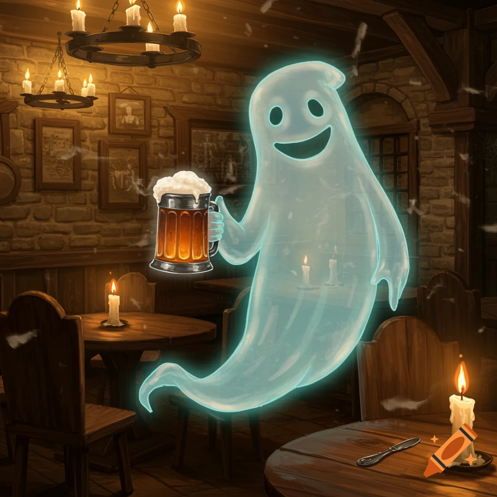 A smiling, translucent ghost holds a frothy beer mug in a dimly lit, cozy pub with candlelight.