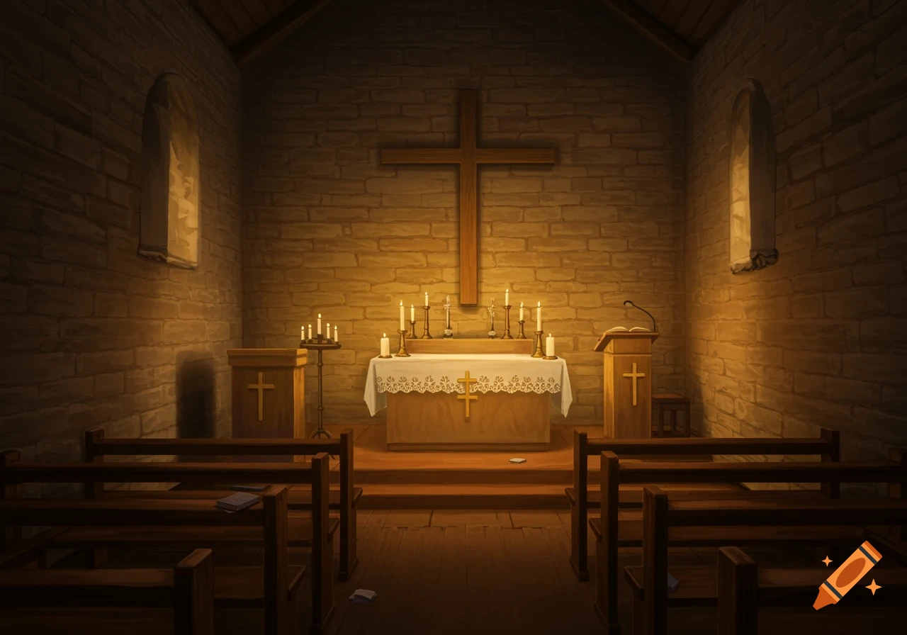 A dimly lit, empty Christian chapel with a large wooden cross on a stone wall above an altar adorned with candles and a white cloth. Wooden pews are visible in the foreground.